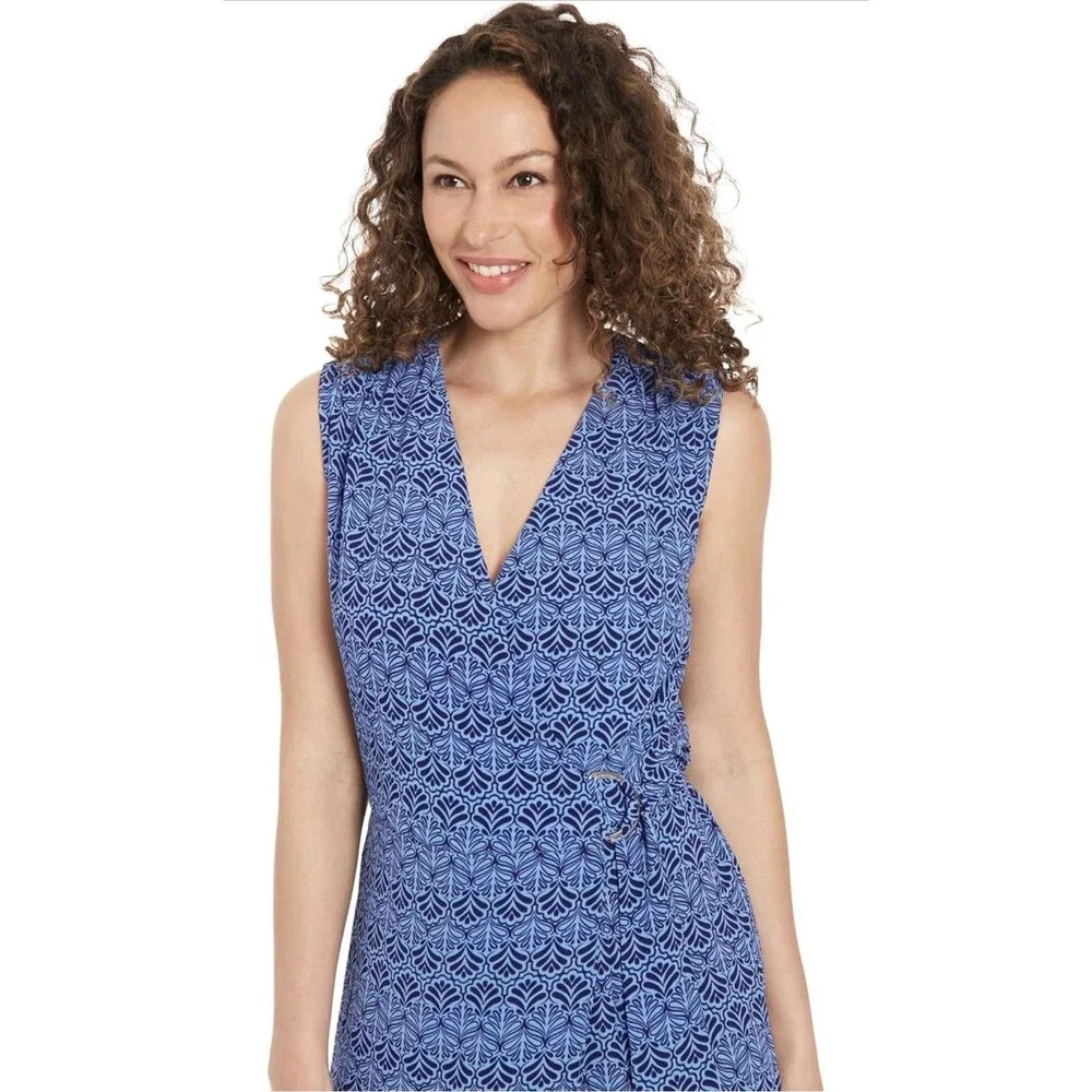 London Times Blue Tropical Leaves Print Halter Wide Leg Jumpsuit